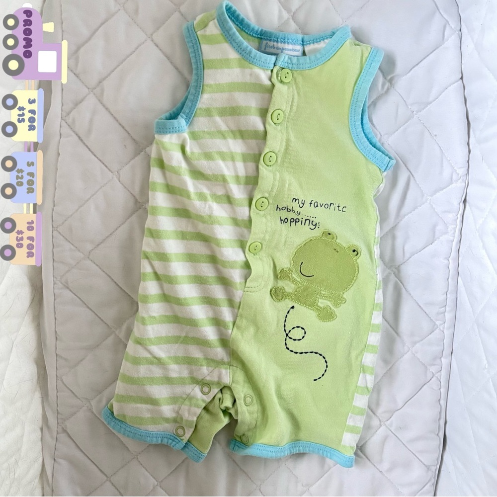 🐣 0-3M First Impressions Frog Romper Green Blue Striped Button-up Embroidered